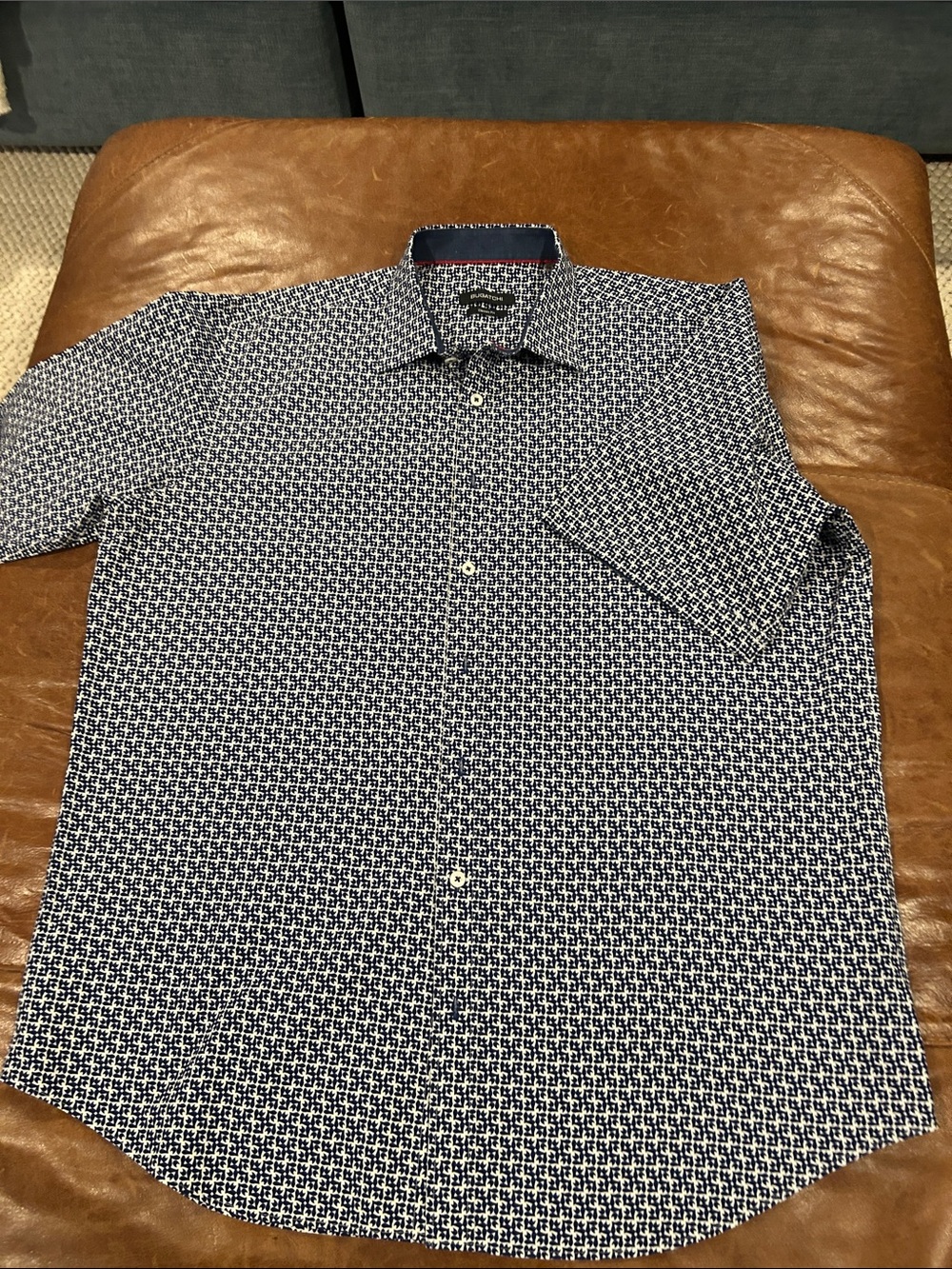 Bugatchi Navy and White Geometric Short-Sleeve Button-Down Shirt